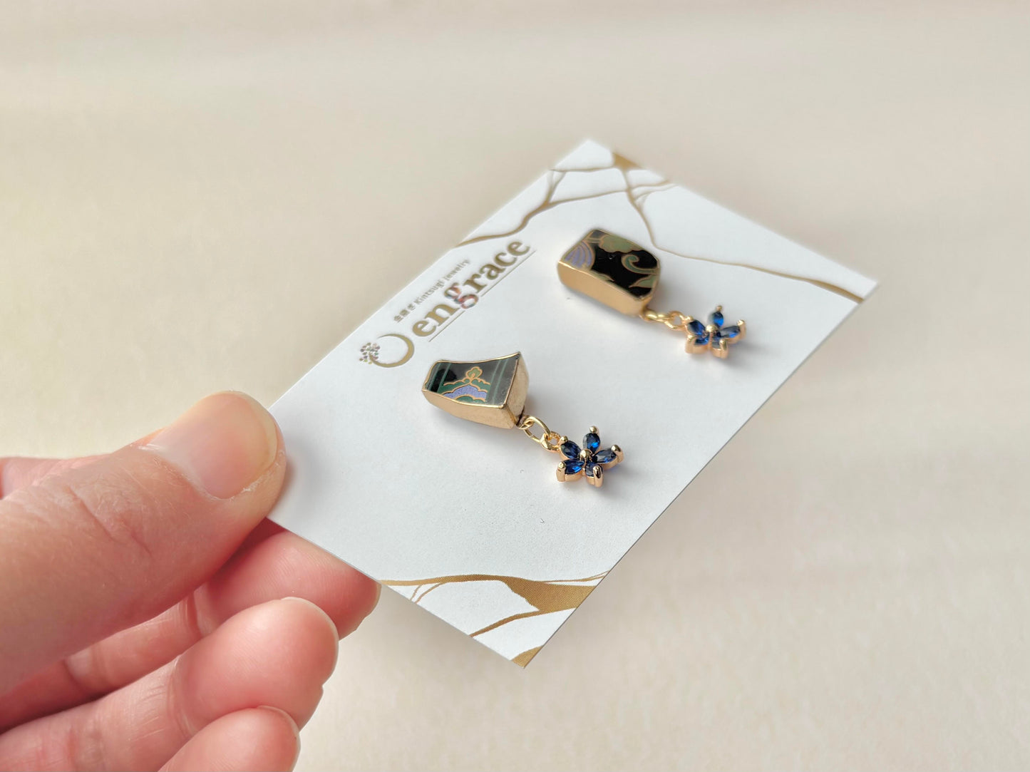 有田焼 　金継ぎ　サージカルステンレスピアス　黒　和柄　揺れる　伝統工芸　＃392