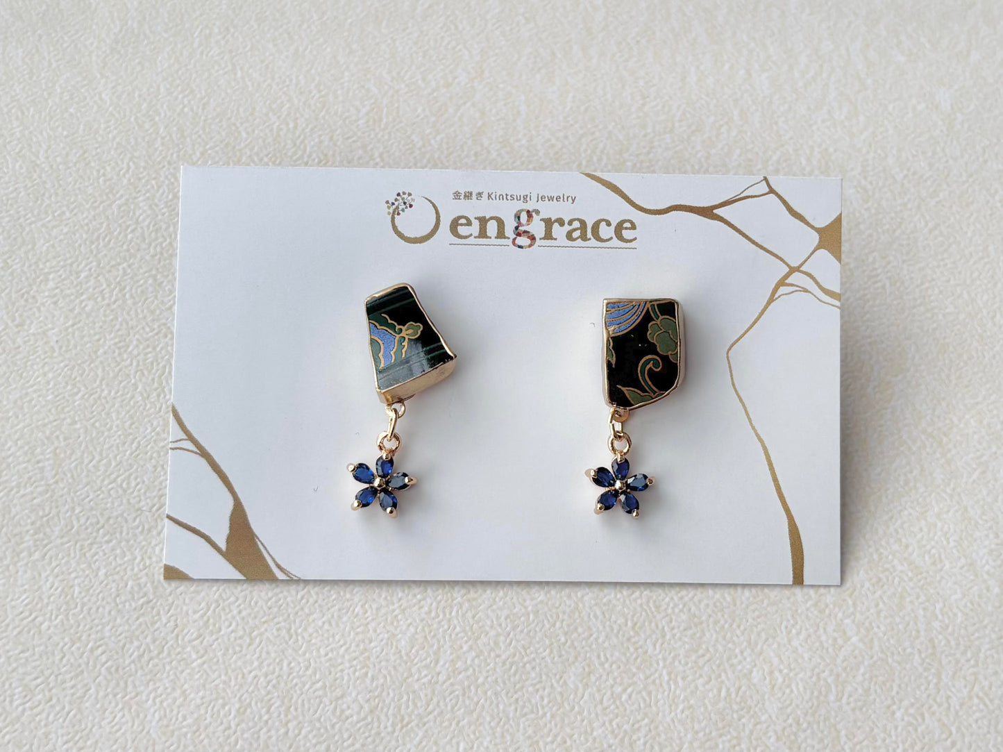 有田焼 　金継ぎ　サージカルステンレスピアス　黒　和柄　揺れる　伝統工芸　＃392