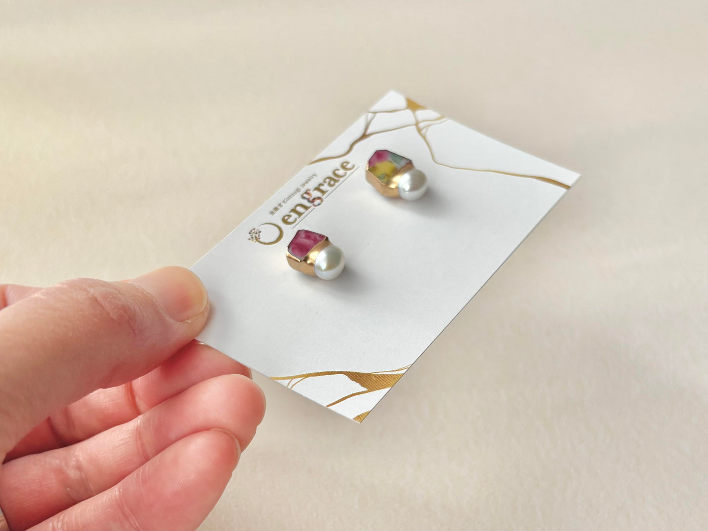 有田焼 　金継ぎ　サージカルステンレスピアス　ピンク　黄色　花柄　淡水パール　天然石　伝統工芸　＃393