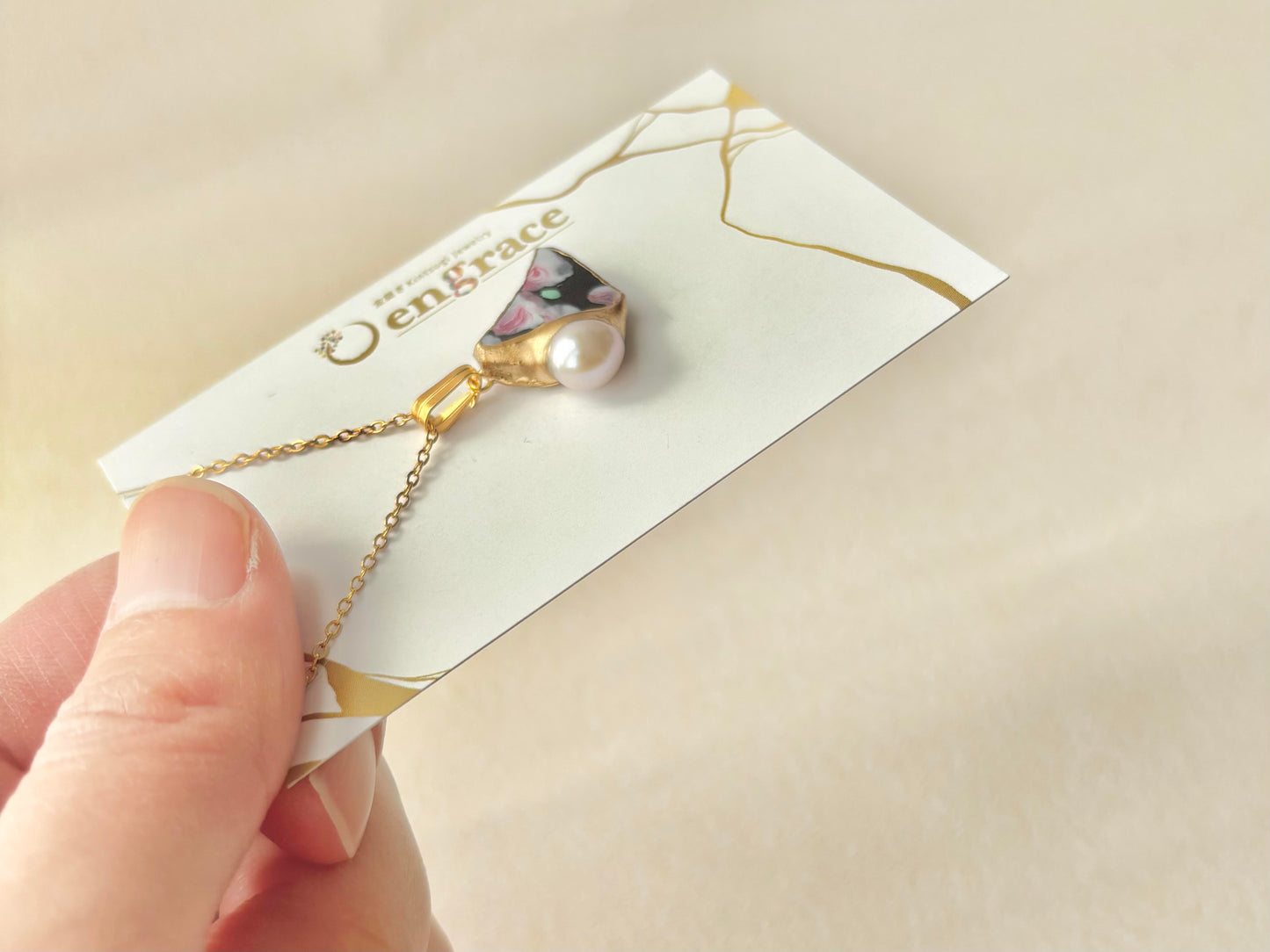 京焼　金継ぎ　ネックレス　サージカルステンレスチェーン　アレルギー対応　18K　手書き　絵付け　花柄　淡水パール　天然石　伝統工芸　＃398