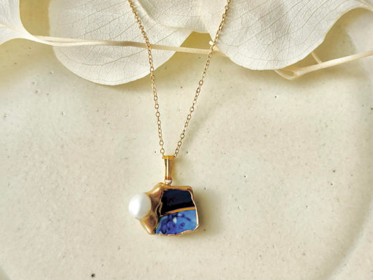 有田焼　金継ぎ　ネックレス　サージカルステンレスチェーン　アレルギー対応　18K　青　淡水パール　天然石　伝統工芸　＃401