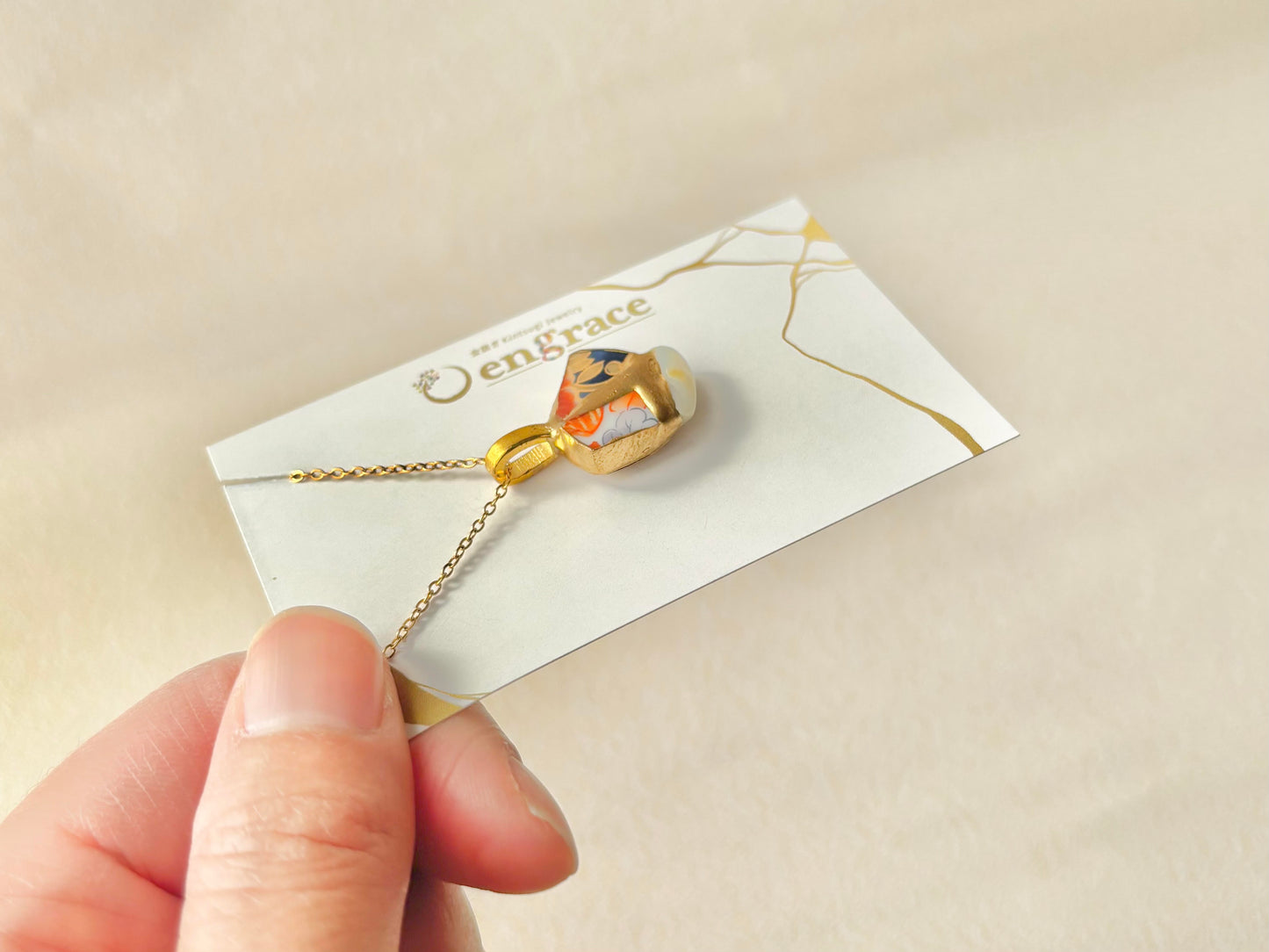 有田焼　金継ぎ　ネックレス　サージカルステンレスチェーン　アレルギー対応　18K　花柄　リーフ柄　マザーオブパール　天然石　伝統工芸　＃402