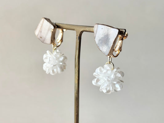 萩焼　金継ぎ　ネジバネ式イヤリング　ピンク　フラワーボール　揺れる　伝統工芸　＃407