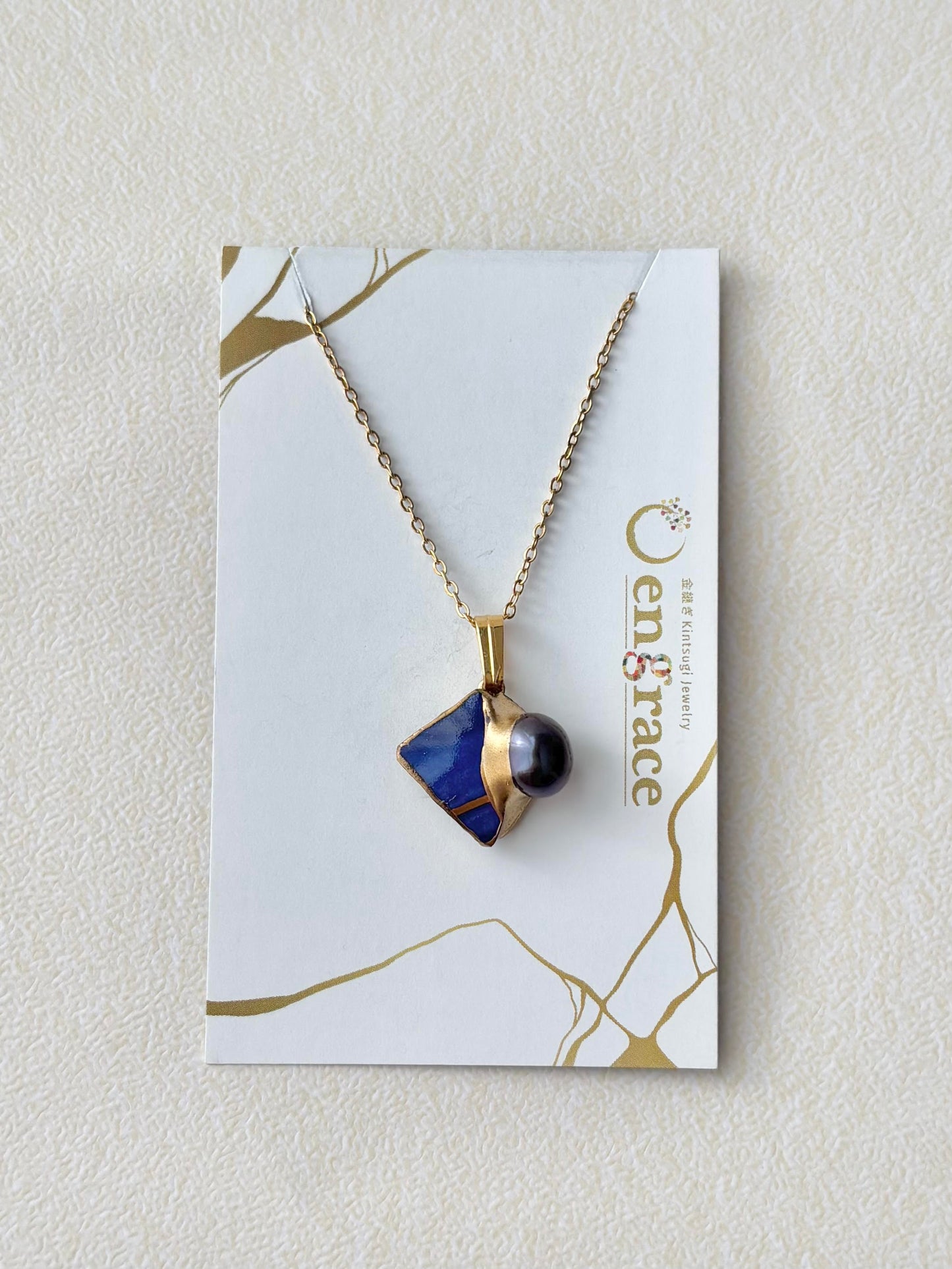 有田焼　金継ぎ　ネックレス　サージカルステンレスチェーン　アレルギー対応　18K　青　淡水パール　天然石　伝統工芸　＃412