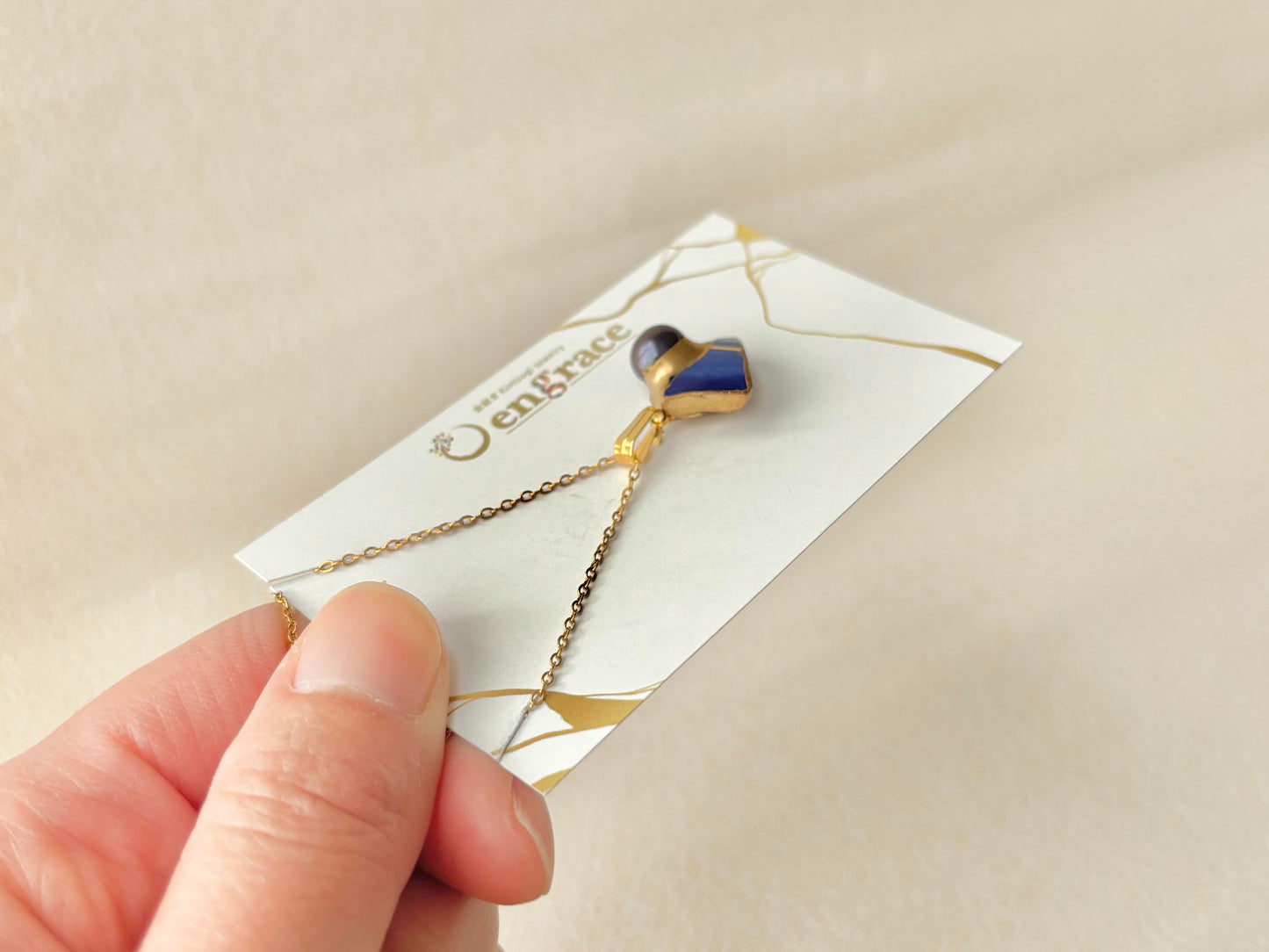 有田焼　金継ぎ　ネックレス　サージカルステンレスチェーン　アレルギー対応　18K　青　淡水パール　天然石　伝統工芸　＃412