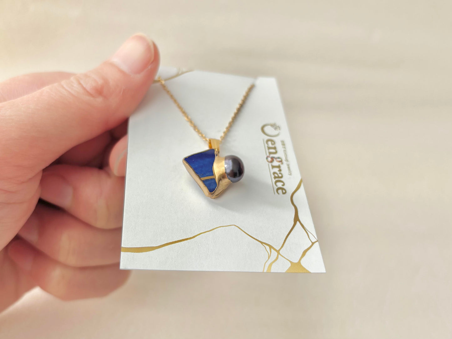 有田焼　金継ぎ　ネックレス　サージカルステンレスチェーン　アレルギー対応　18K　青　淡水パール　天然石　伝統工芸　＃412