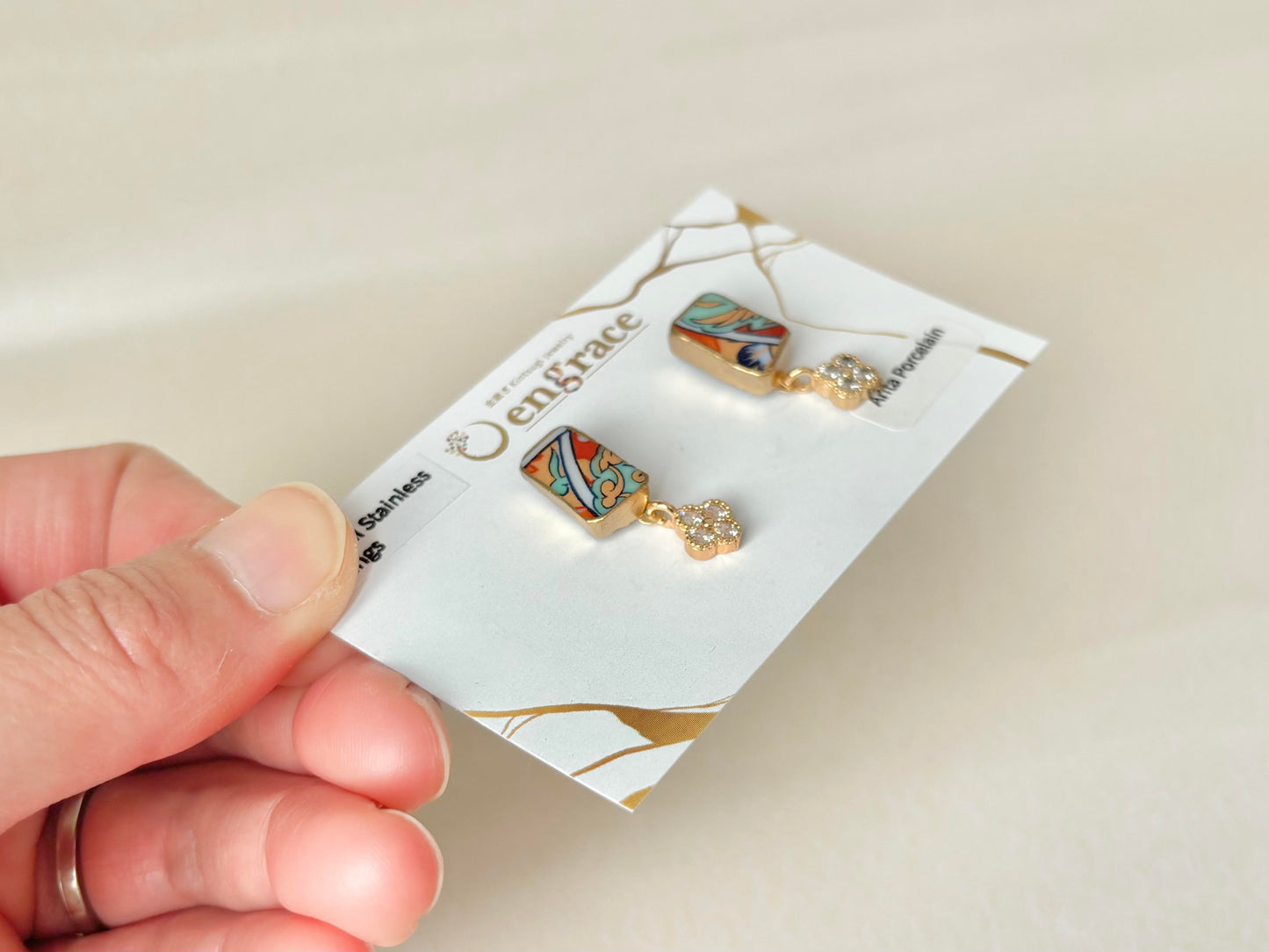 有田焼 　金継ぎ　サージカルステンレスピアス　リーフ柄　和柄　揺れる　伝統工芸　＃415