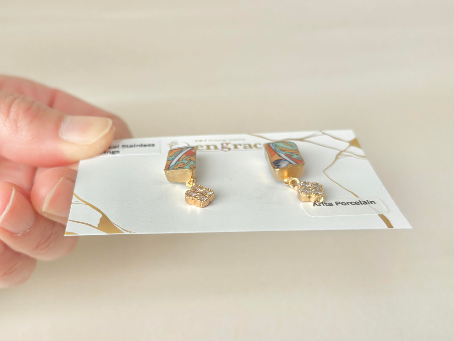 有田焼 　金継ぎ　サージカルステンレスピアス　リーフ柄　和柄　揺れる　伝統工芸　＃415