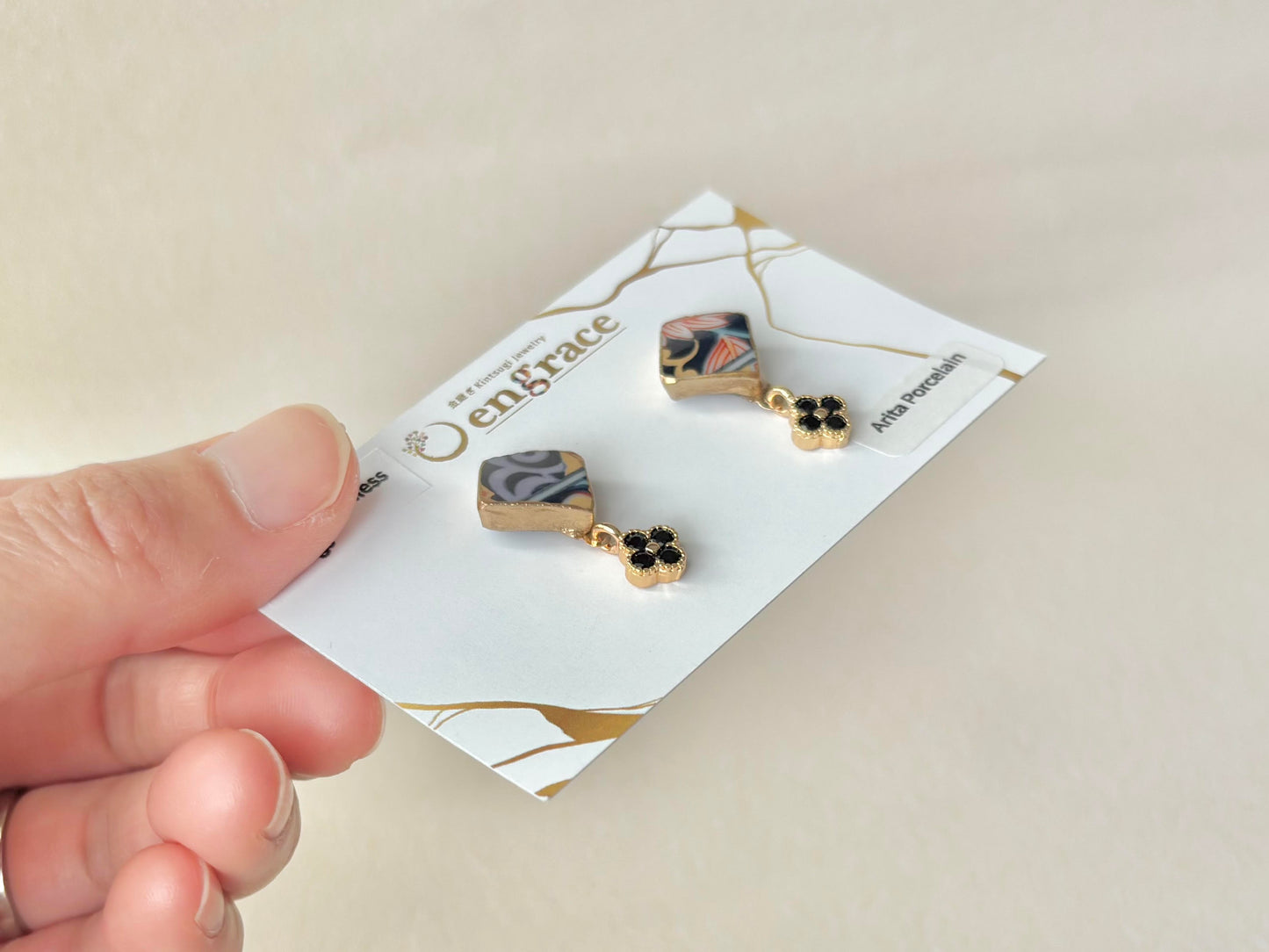 有田焼 　金継ぎ　サージカルステンレスピアス　リーフ柄　和柄　揺れる　伝統工芸　＃417