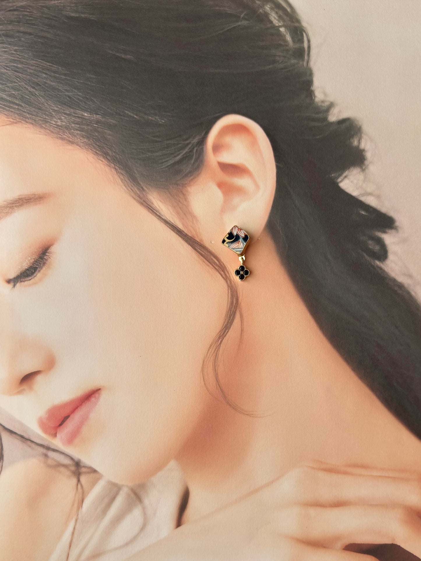 有田焼 　金継ぎ　サージカルステンレスピアス　リーフ柄　和柄　揺れる　伝統工芸　＃417