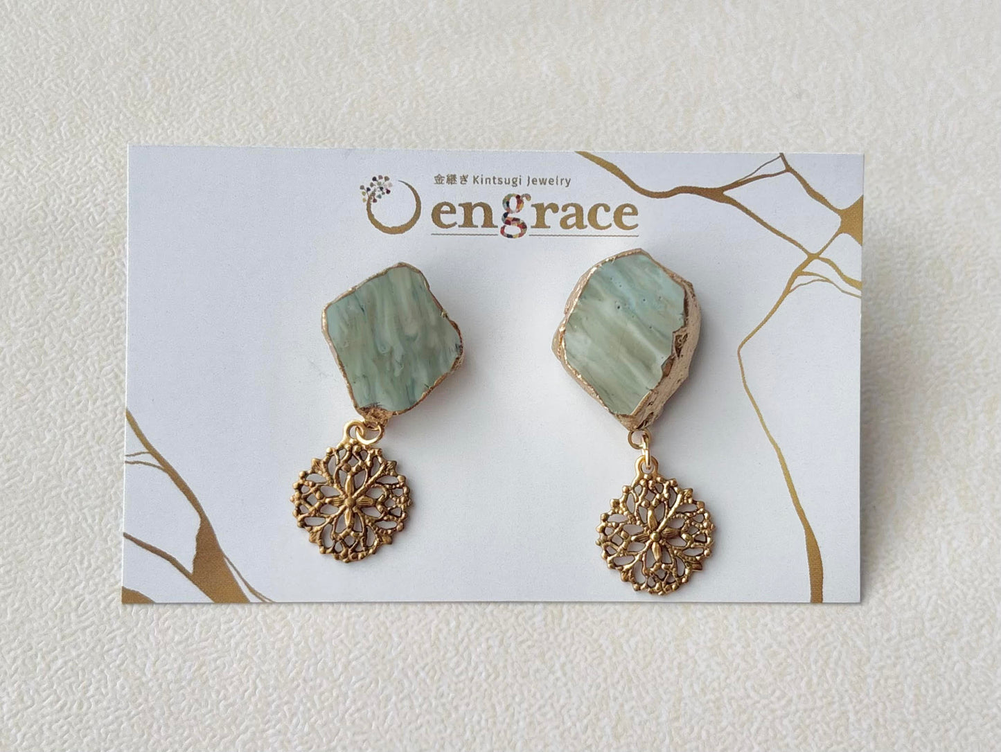 萩焼　金継ぎ　サージカルステンレスピアス　グレー　ゴールド　揺れる　 伝統工芸　＃429