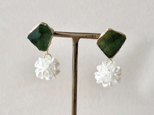 [Hardware Options] Oribe Ware Kintsugi Earrings (Pierced/Clip-on), Green, Dangle Flower Ball, Surgical Stainless Steel, Traditional Craft, #430