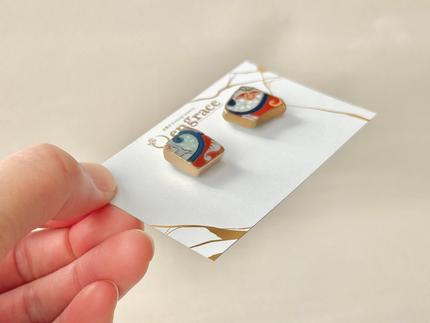 有田焼 　金継ぎ　サージカルステンレスピアス　花柄　リーフ柄　和柄　伝統工芸　＃432