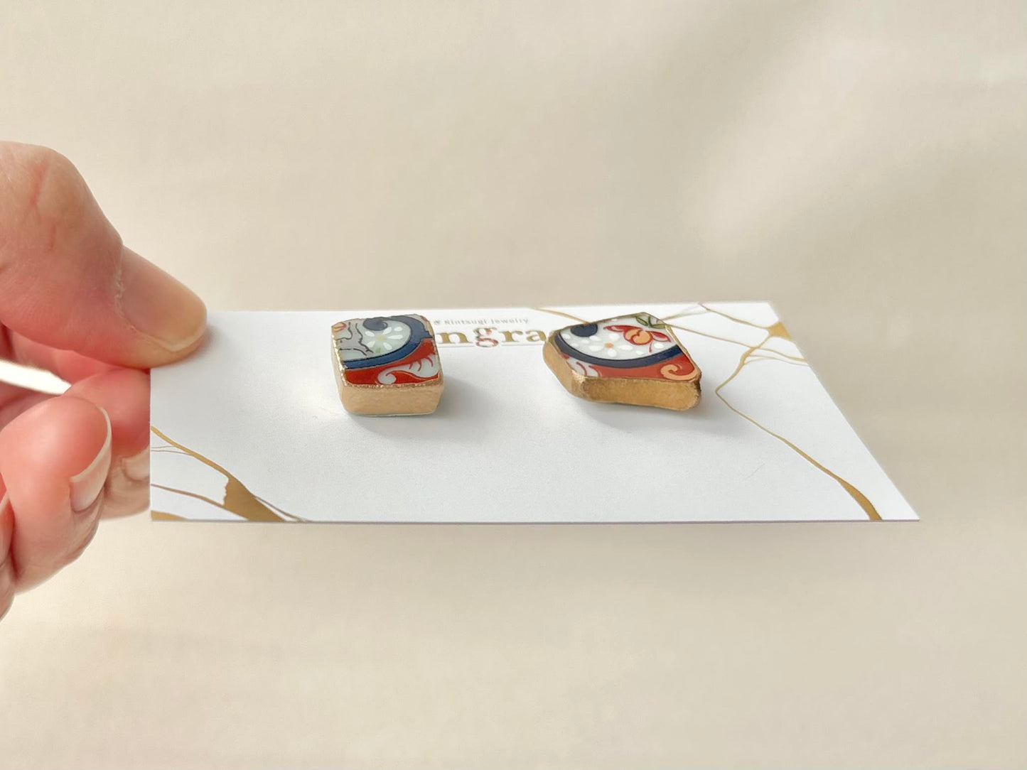 有田焼 　金継ぎ　サージカルステンレスピアス　花柄　リーフ柄　和柄　伝統工芸　＃432