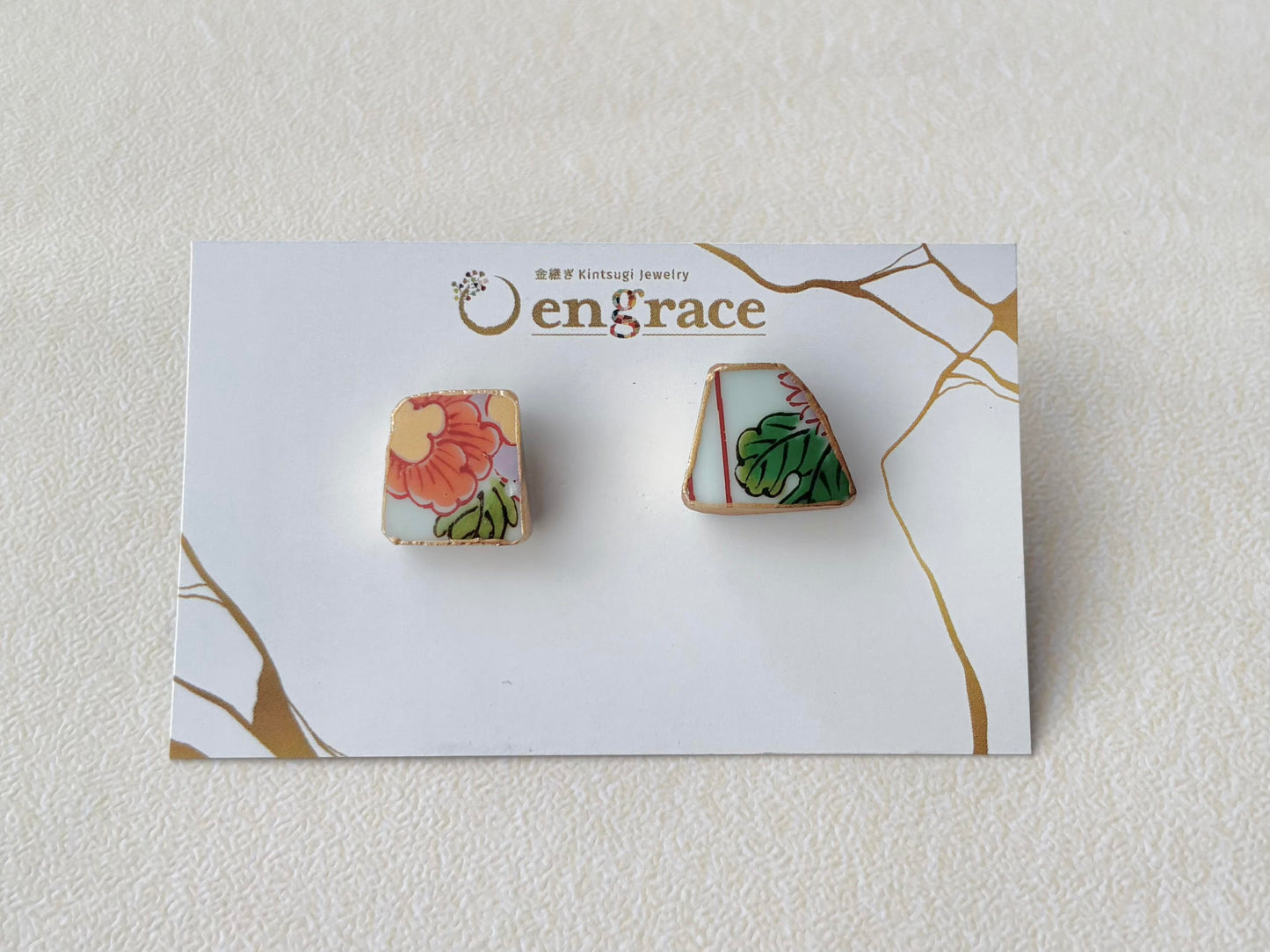 有田焼 　金継ぎ　サージカルステンレスピアス　花柄　リーフ柄　伝統工芸　＃433