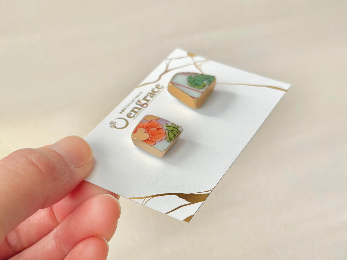 有田焼 　金継ぎ　サージカルステンレスピアス　花柄　リーフ柄　伝統工芸　＃433