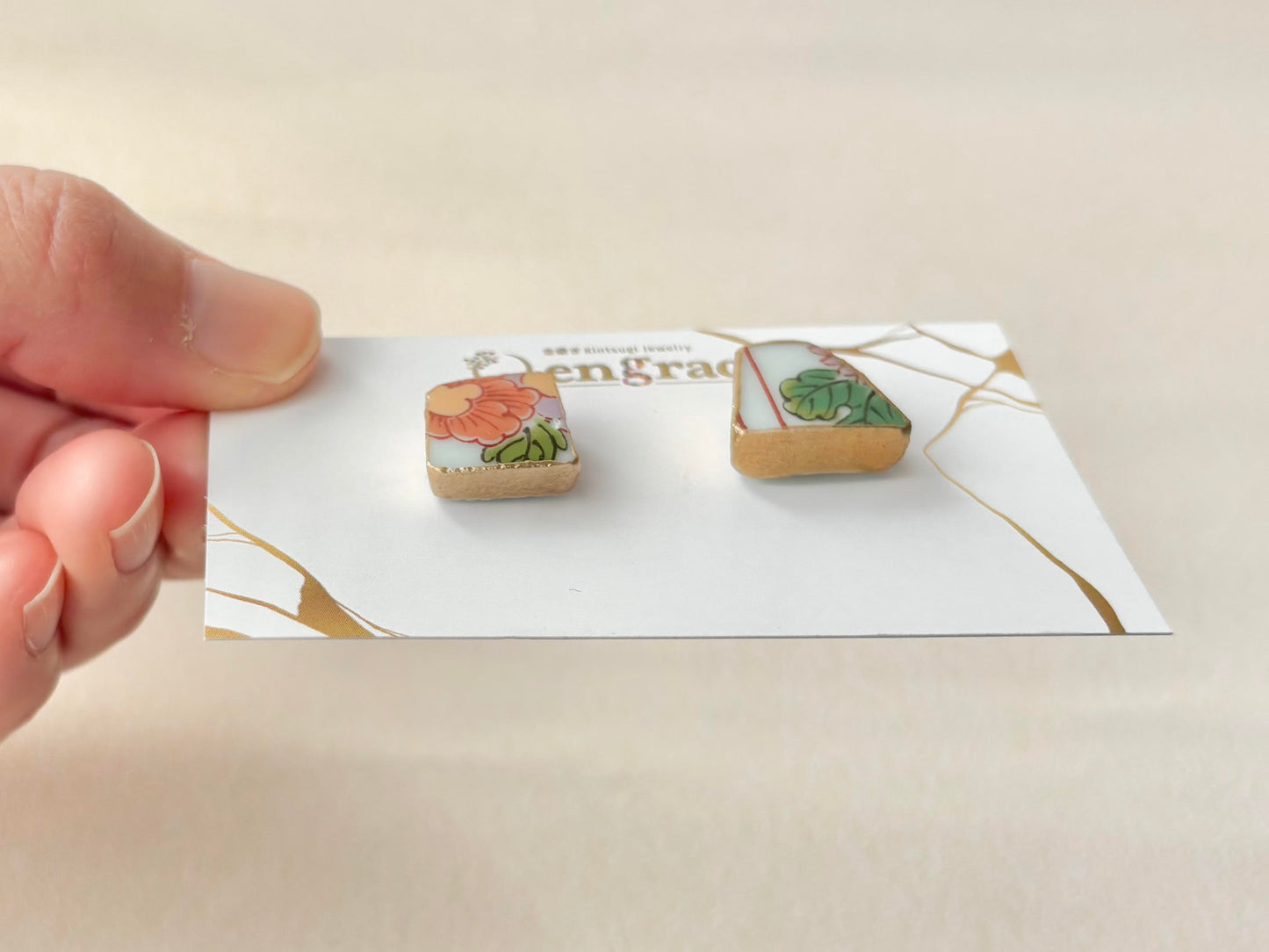 有田焼 　金継ぎ　サージカルステンレスピアス　花柄　リーフ柄　伝統工芸　＃433