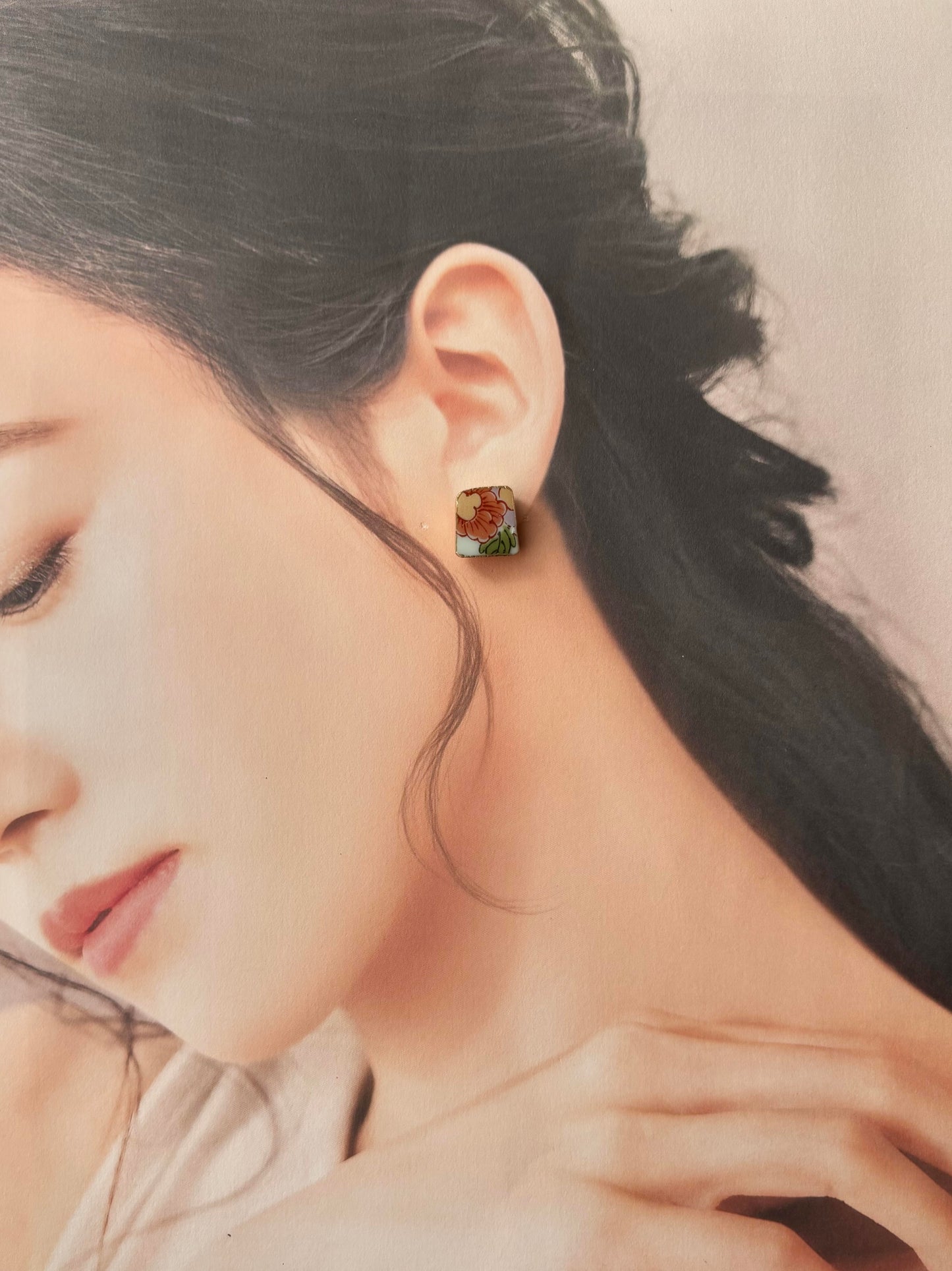 有田焼 　金継ぎ　サージカルステンレスピアス　花柄　リーフ柄　伝統工芸　＃433