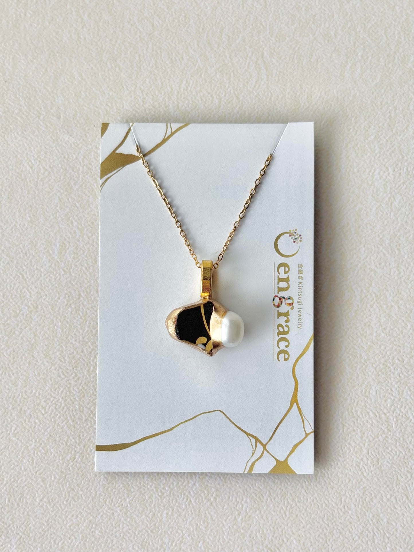 京焼　金継ぎ　ネックレス　サージカルステンレスチェーン　アレルギー対応　18K　黒　淡水パール　天然石　伝統工芸　＃442