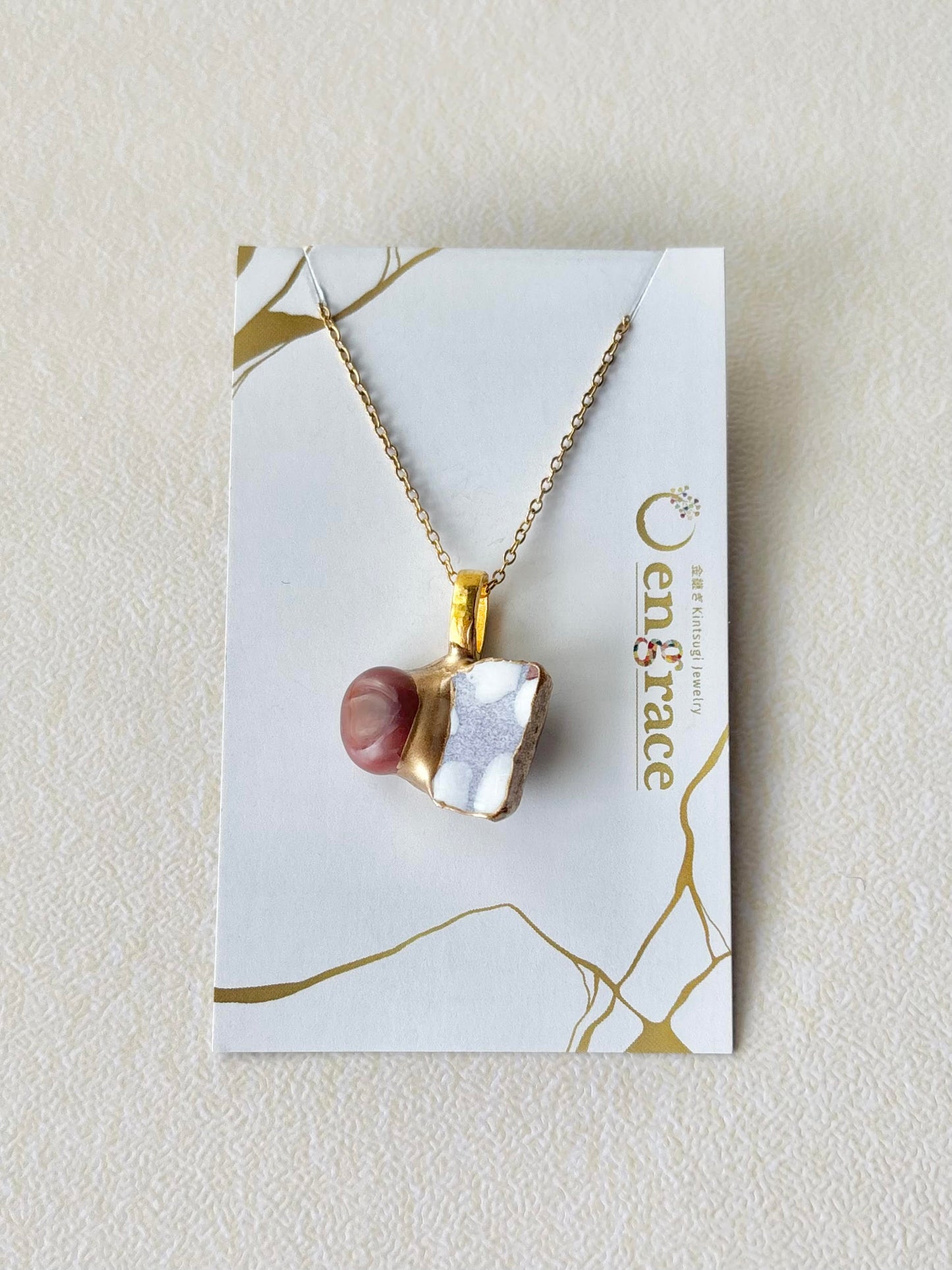 京焼　金継ぎ　ネックレス　サージカルステンレスチェーン　アレルギー対応　18K　紫　手書き　絵付け　カーネリアン　天然石　伝統工芸　＃443