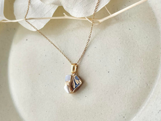 有田焼　金継ぎ　ネックレス　サージカルステンレスチェーン　アレルギー対応　18K　リーフ柄　ブルーレースアゲート　淡水パール　天然石　伝統工芸　＃444