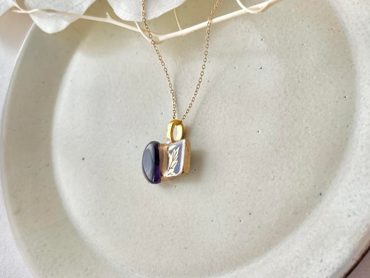 有田焼　金継ぎ　ネックレス　サージカルステンレスチェーン　アレルギー対応　18K　リーフ柄　アメジスト　天然石　伝統工芸　＃446