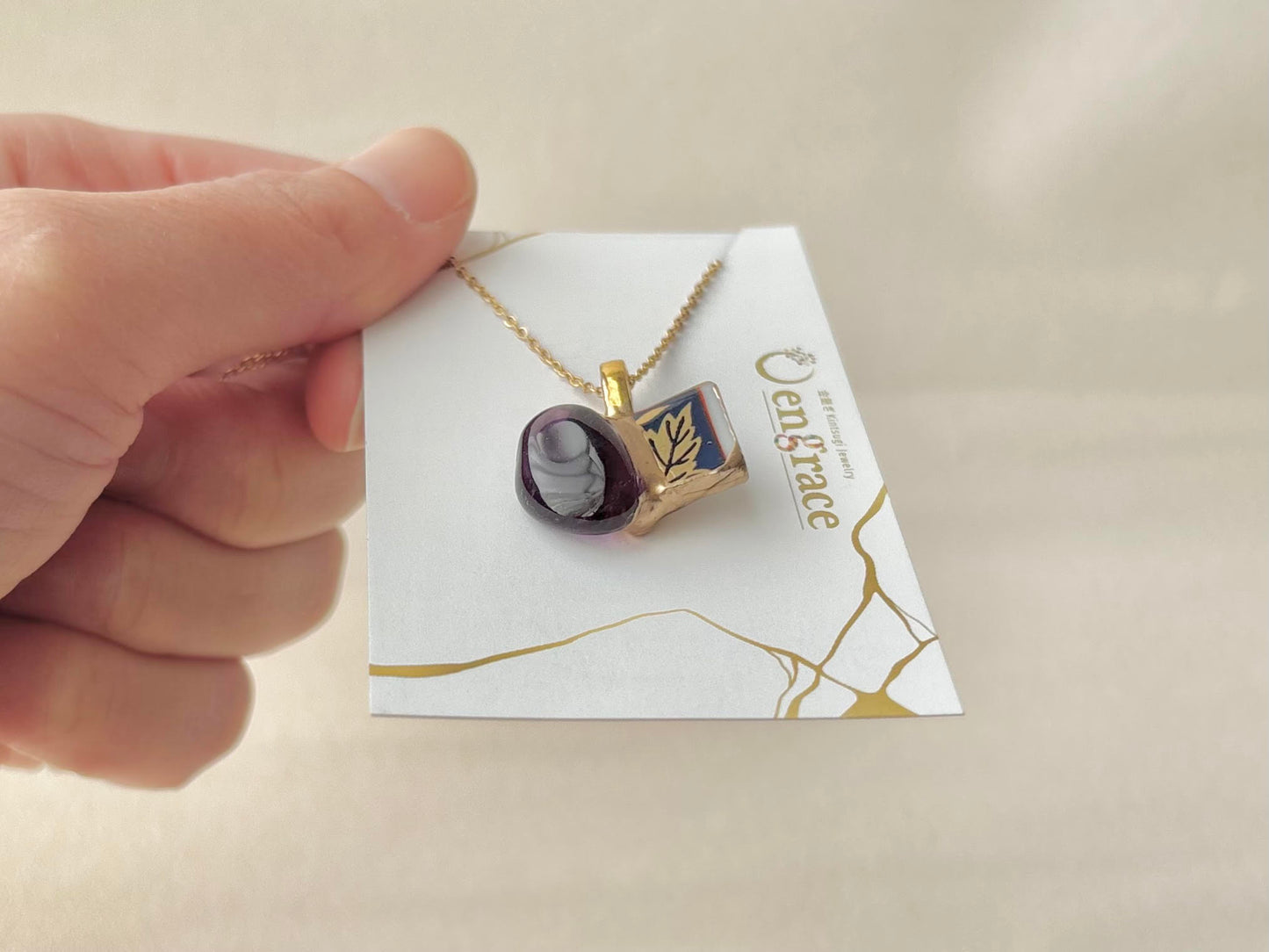 有田焼　金継ぎ　ネックレス　サージカルステンレスチェーン　アレルギー対応　18K　リーフ柄　アメジスト　天然石　伝統工芸　＃446