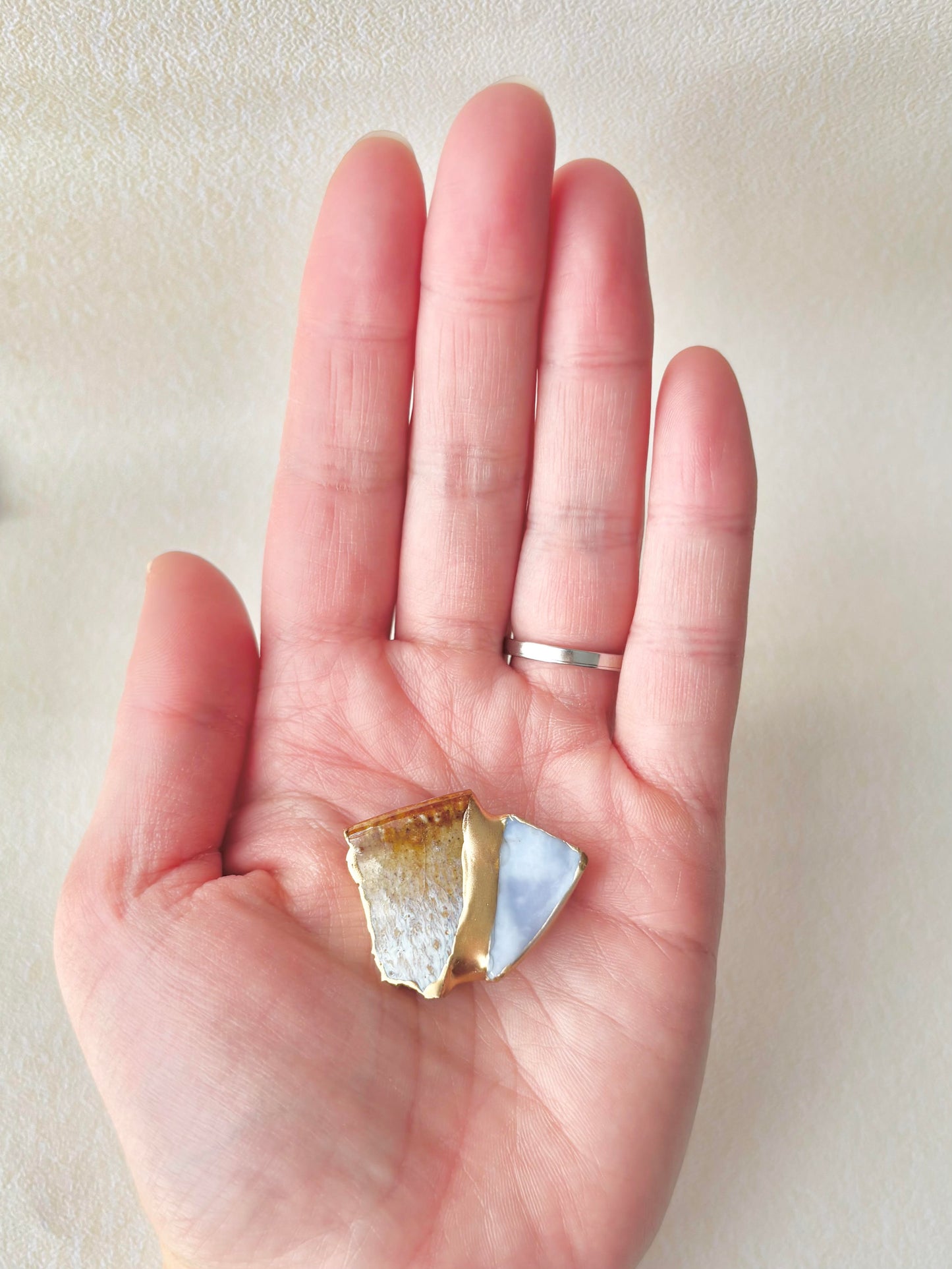 萩焼　金継ぎ　帯留　茶色　紫　ステンドグラス　伝統工芸　＃451