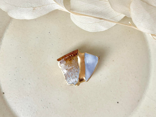 萩焼　金継ぎ　帯留　茶色　紫　ステンドグラス　伝統工芸　＃451