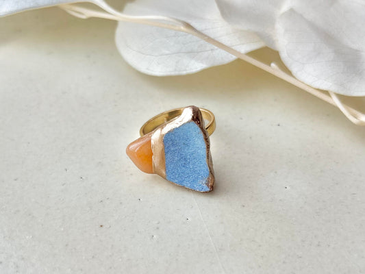 萩焼　金継ぎ  リング　ステンレス　18Kコーティング　フリーサイズ　水色　オレンジアベンチュリン　天然石　伝統工芸　＃452