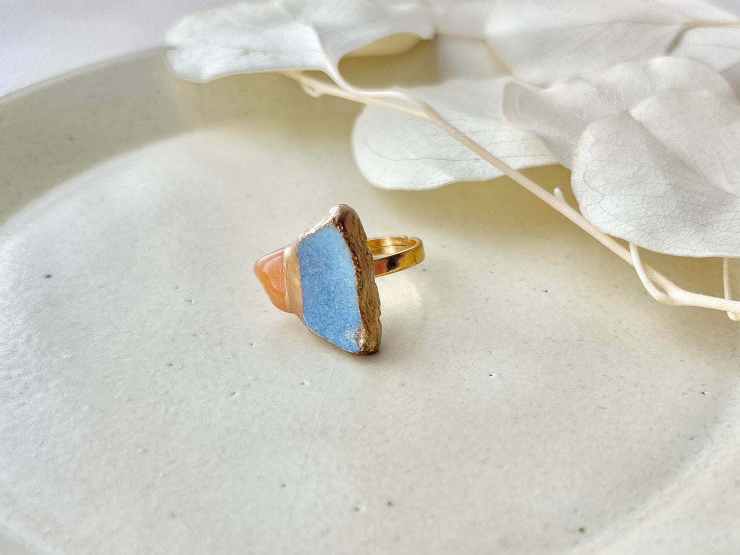 Hagi Ware Kintsugi Ring, Stainless Steel with 18K Gold Coating, Free Size, Light Blue, Orange Aventurine, Natural Stone, Traditional Craft, #452