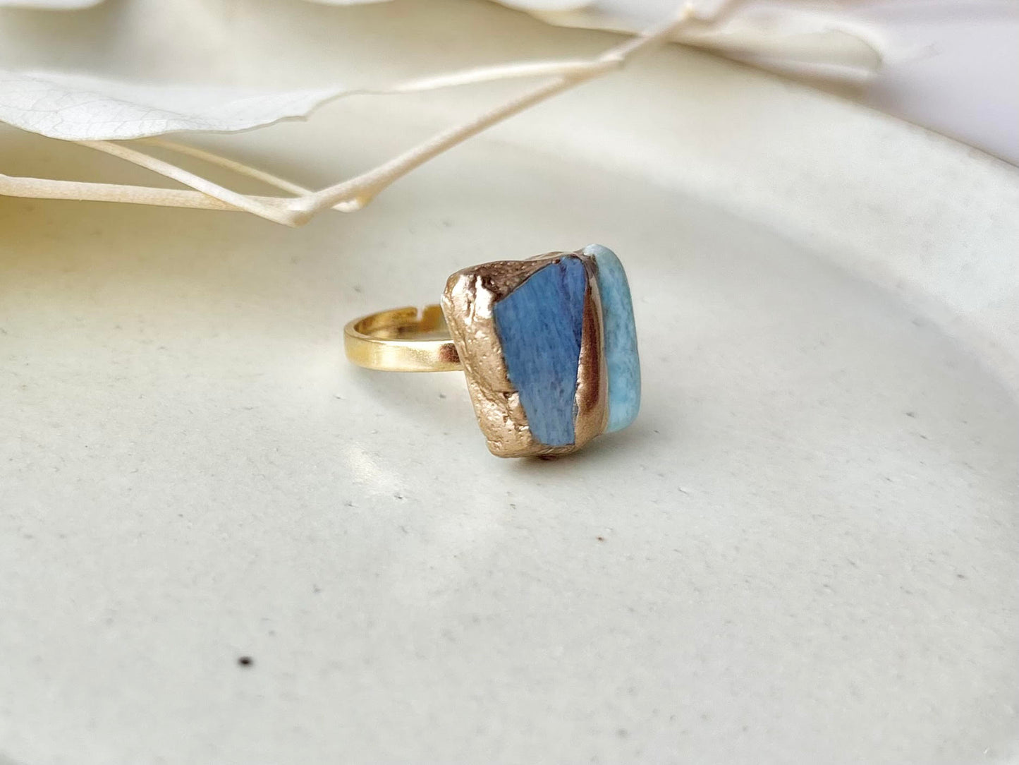 Hagi Ware Kintsugi Ring, Stainless Steel with 18K Gold Coating, Free Size, Light Blue, Larimar, Natural Stone, Traditional Craft, #453