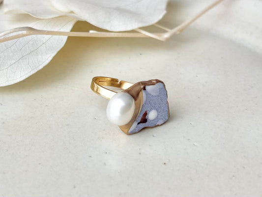 京焼　金継ぎ　リング　ステンレス　18Kコーティング　フリーサイズ　紫　手書き　絵付け　淡水パール　天然石　伝統工芸　＃455