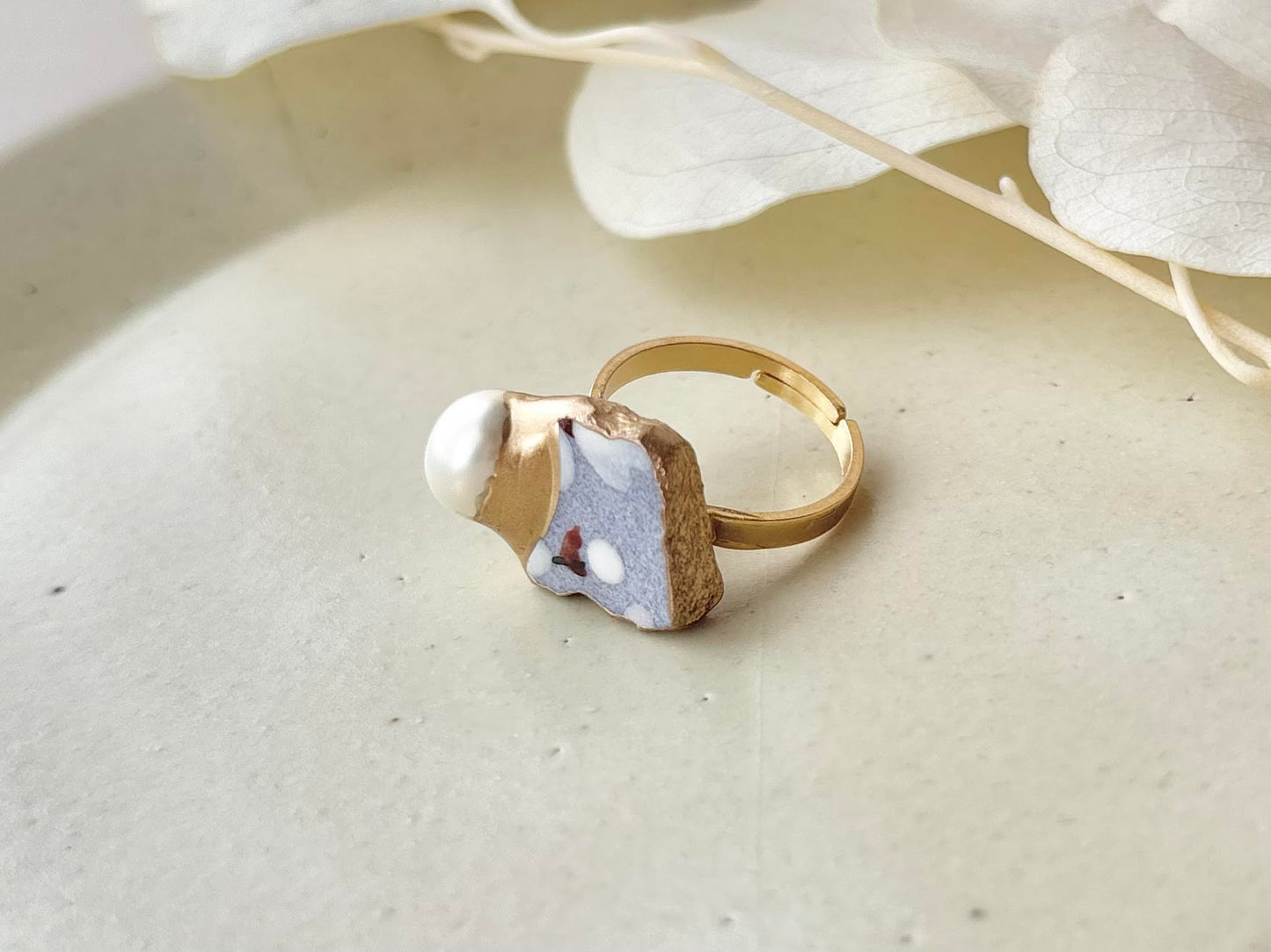 京焼　金継ぎ　リング　ステンレス　18Kコーティング　フリーサイズ　紫　手書き　絵付け　淡水パール　天然石　伝統工芸　＃455