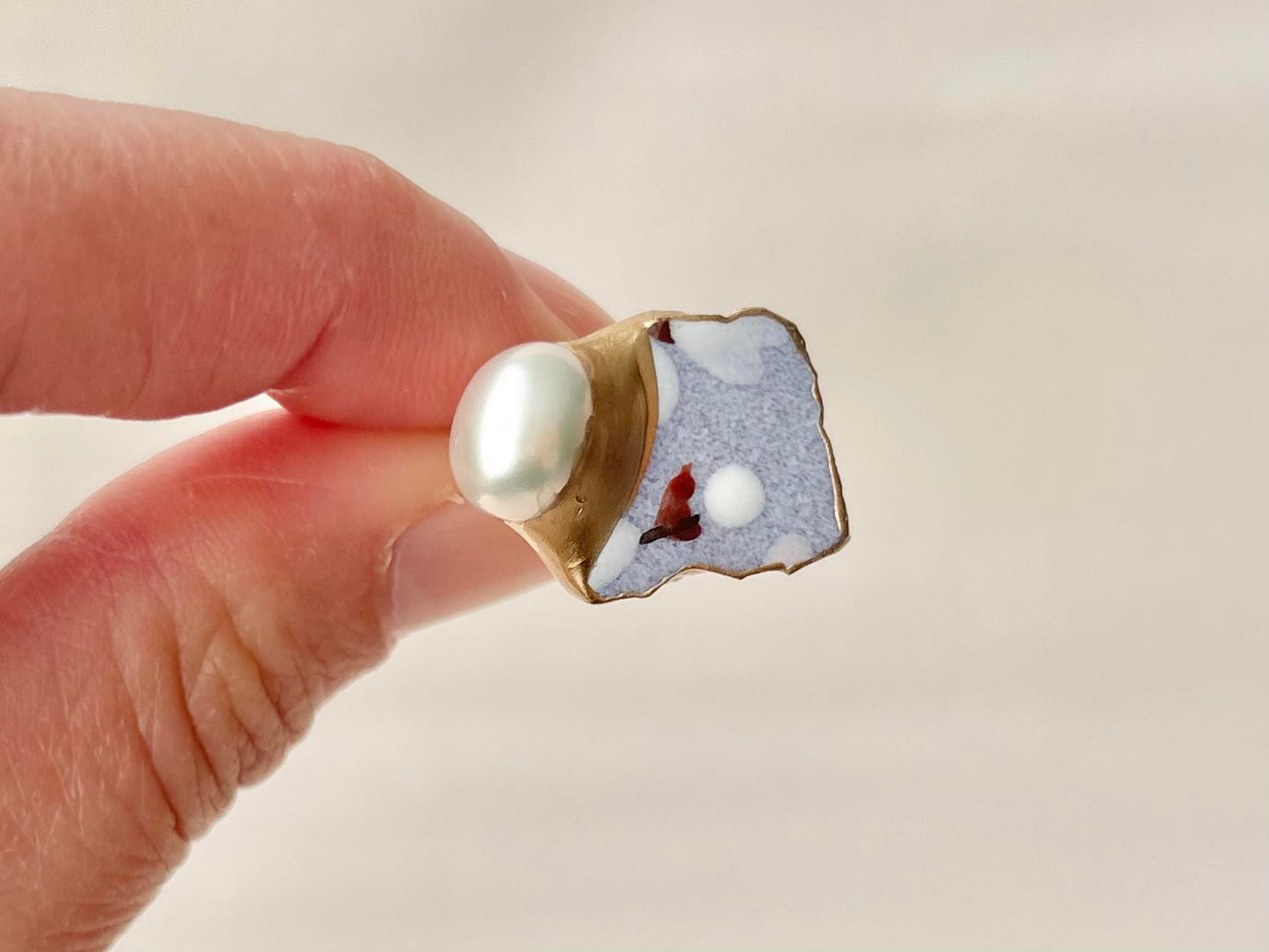 京焼　金継ぎ　リング　ステンレス　18Kコーティング　フリーサイズ　紫　手書き　絵付け　淡水パール　天然石　伝統工芸　＃455