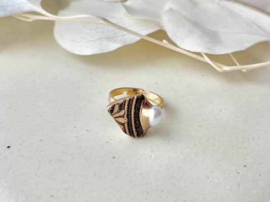 京焼　金継ぎ　リング　ステンレス　18Kコーティング　フリーサイズ　グレー　花柄 　淡水パール　天然石　伝統工芸　＃458