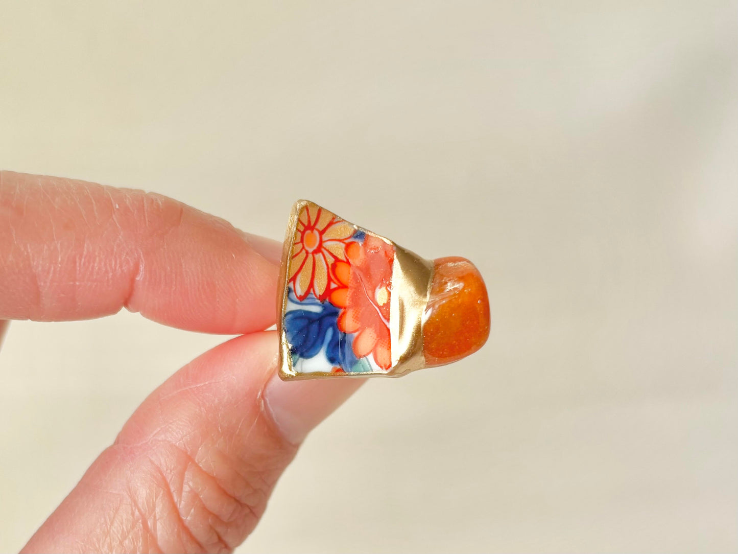 有田焼　金継ぎ　リング　ステンレス　18Kコーティング　フリーサイズ　オレンジ　花柄 　オレンジアベンチュリン　天然石　伝統工芸　＃459