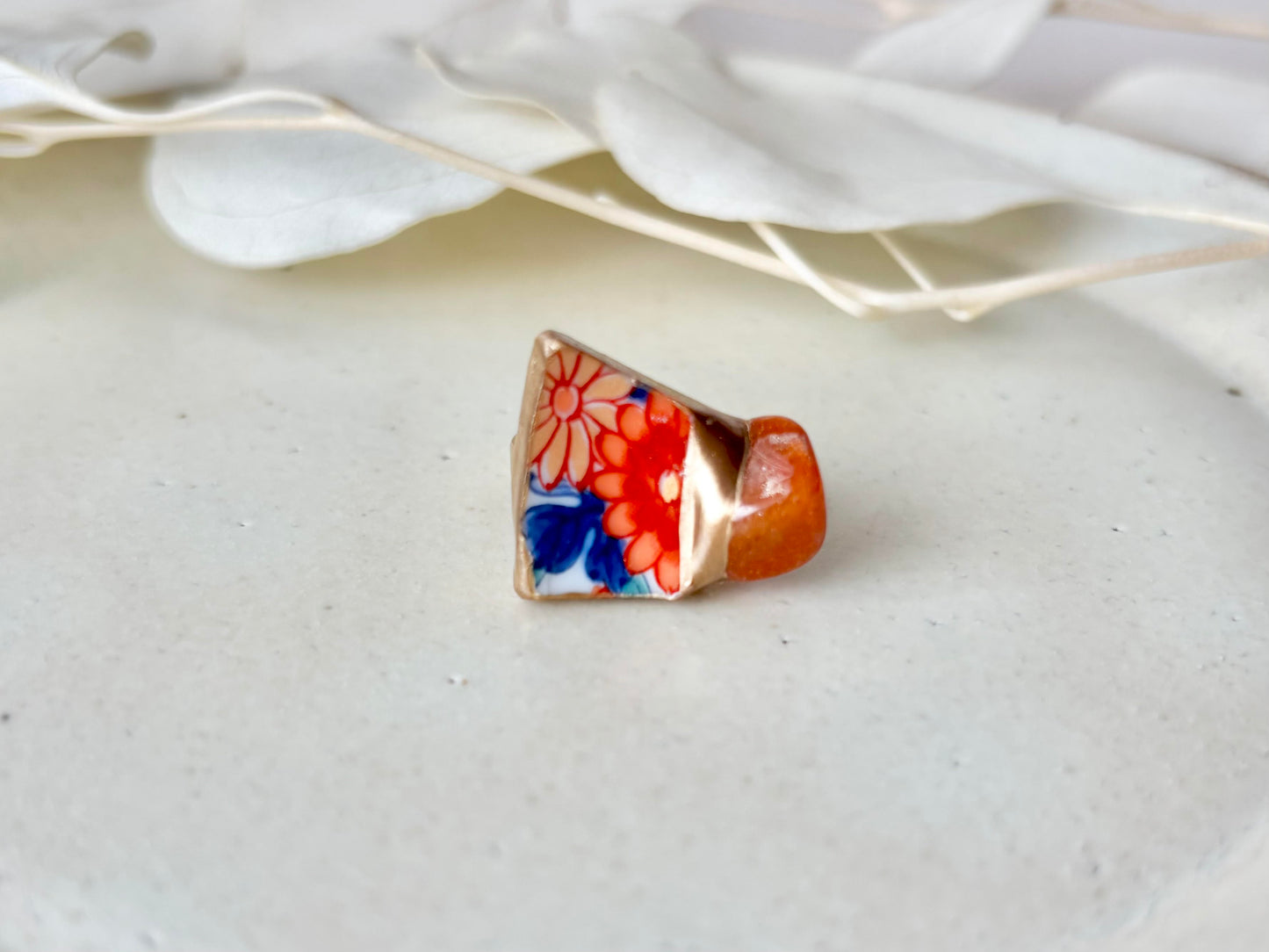 有田焼　金継ぎ　リング　ステンレス　18Kコーティング　フリーサイズ　オレンジ　花柄 　オレンジアベンチュリン　天然石　伝統工芸　＃459