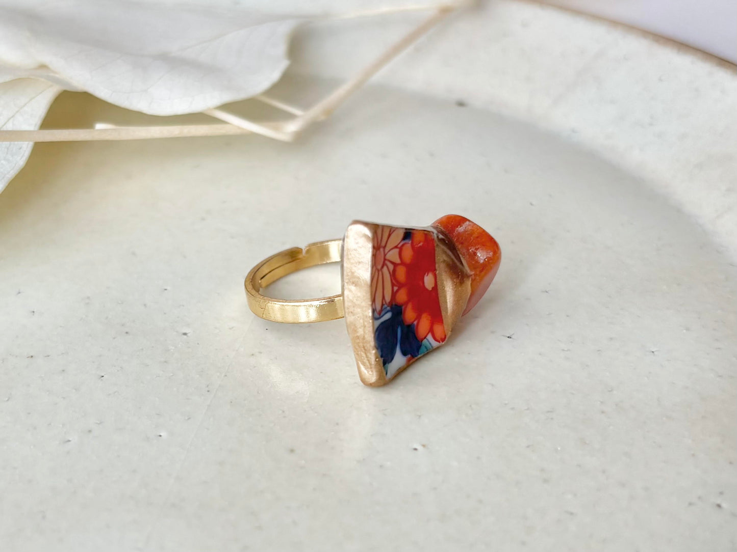 有田焼　金継ぎ　リング　ステンレス　18Kコーティング　フリーサイズ　オレンジ　花柄 　オレンジアベンチュリン　天然石　伝統工芸　＃459