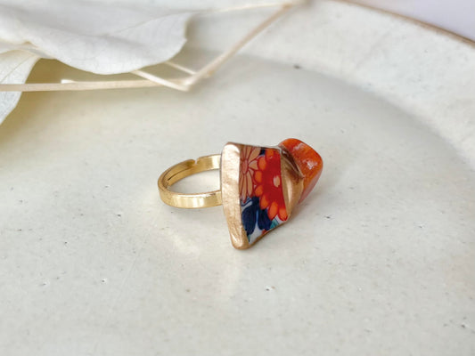 有田焼　金継ぎ　リング　ステンレス　18Kコーティング　フリーサイズ　オレンジ　花柄 　オレンジアベンチュリン　天然石　伝統工芸　＃459