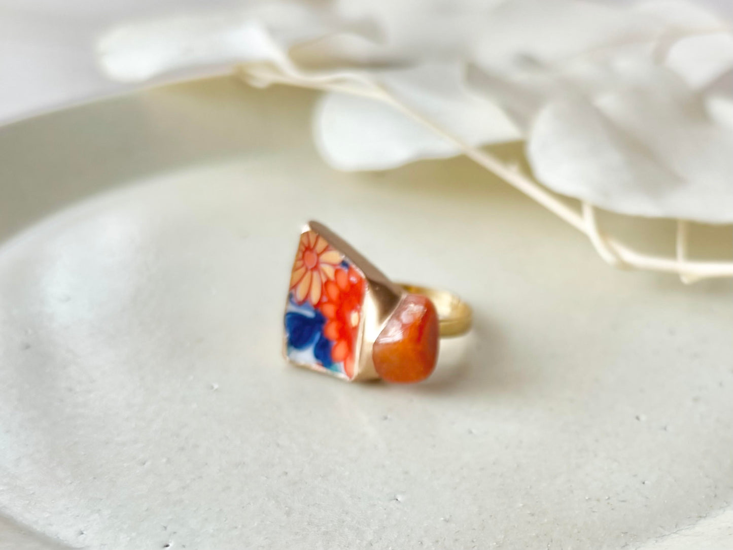 有田焼　金継ぎ　リング　ステンレス　18Kコーティング　フリーサイズ　オレンジ　花柄 　オレンジアベンチュリン　天然石　伝統工芸　＃459