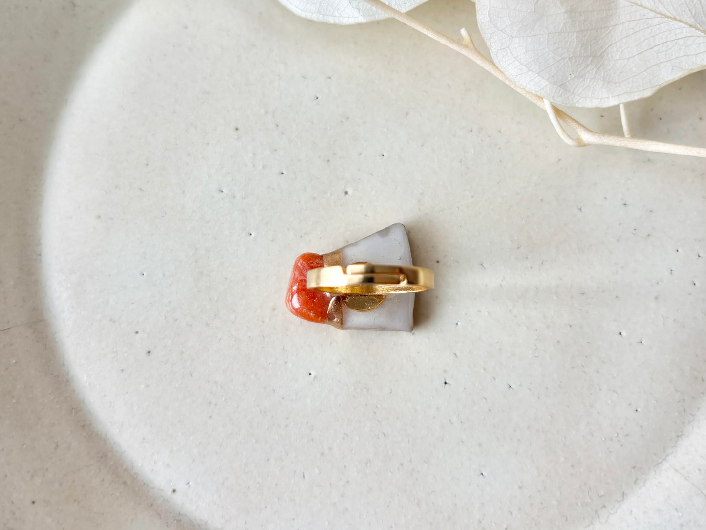 有田焼　金継ぎ　リング　ステンレス　18Kコーティング　フリーサイズ　オレンジ　花柄 　オレンジアベンチュリン　天然石　伝統工芸　＃459