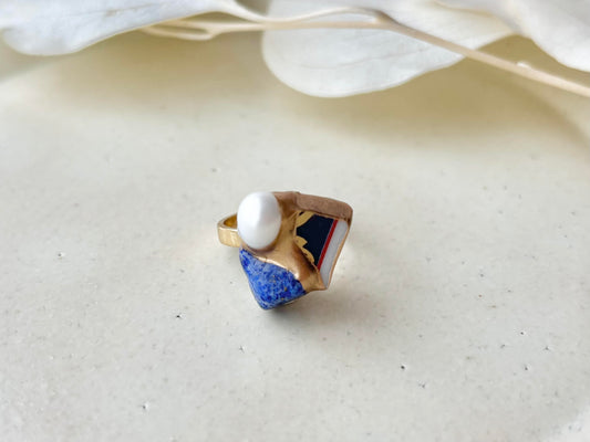 有田焼　金継ぎ　リング　ステンレス　18Kコーティング　フリーサイズ　リーフ柄 　ラピスラズリ　淡水パール　天然石　伝統工芸　＃460