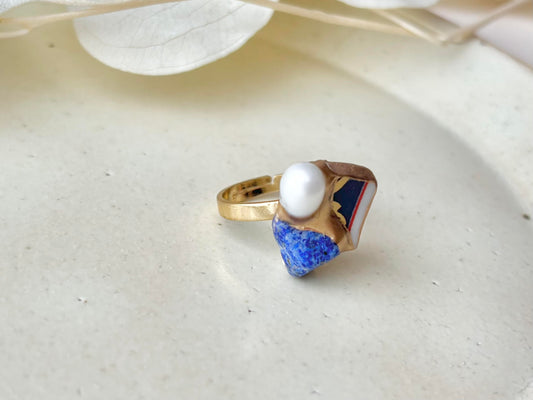 有田焼　金継ぎ　リング　ステンレス　18Kコーティング　フリーサイズ　リーフ柄 　ラピスラズリ　淡水パール　天然石　伝統工芸　＃460