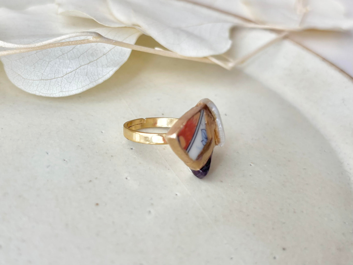 有田焼　金継ぎ　リング　ステンレス　18Kコーティング　フリーサイズ　リーフ柄　花柄 　マザーオブパール　フローライト　天然石　伝統工芸　＃462