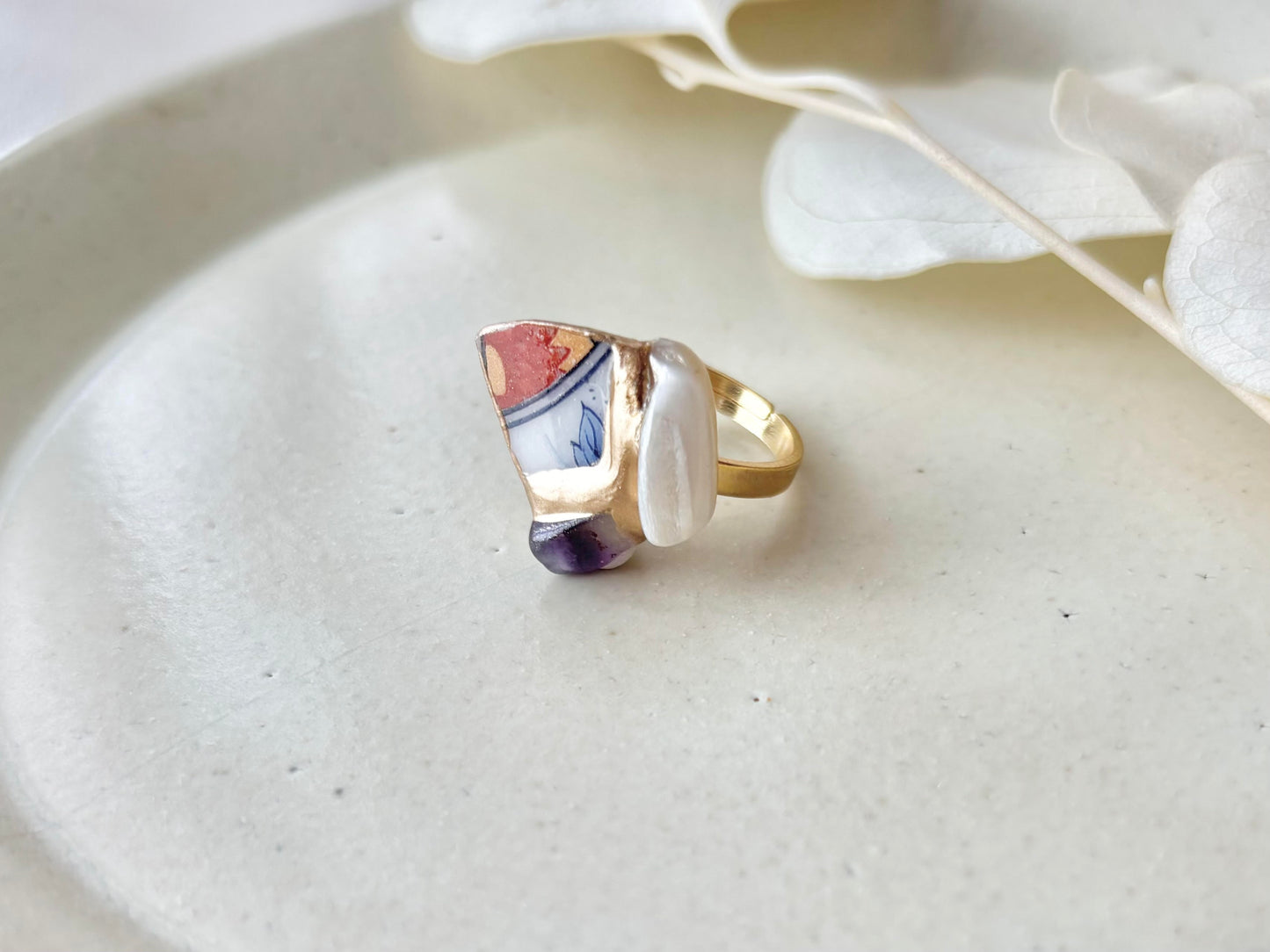 有田焼　金継ぎ　リング　ステンレス　18Kコーティング　フリーサイズ　リーフ柄　花柄 　マザーオブパール　フローライト　天然石　伝統工芸　＃462