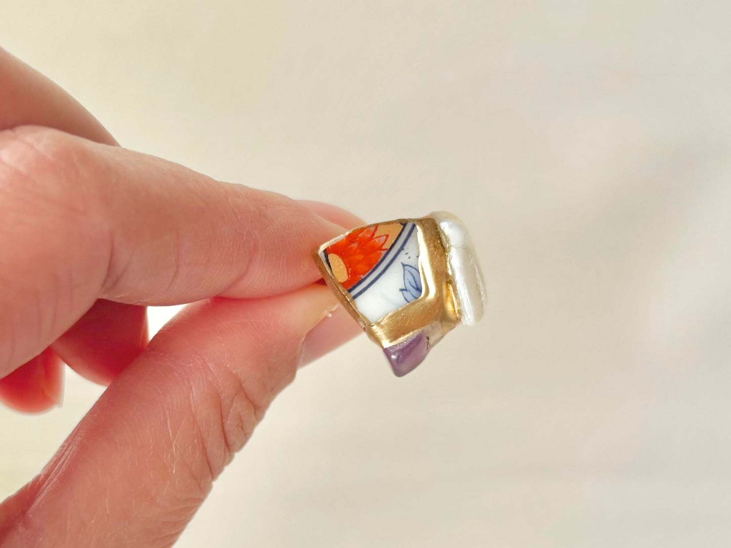 有田焼　金継ぎ　リング　ステンレス　18Kコーティング　フリーサイズ　リーフ柄　花柄 　マザーオブパール　フローライト　天然石　伝統工芸　＃462