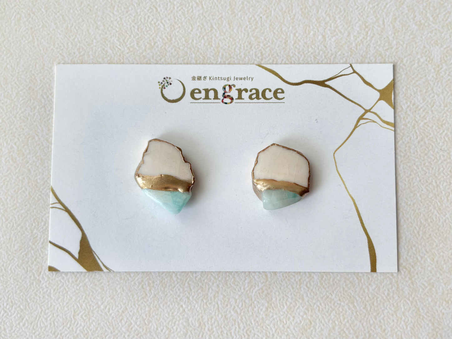 【金具が選べる】萩焼　金継ぎ　ピアス　イヤリング　白　ラリマー　天然石　伝統工芸　＃467
