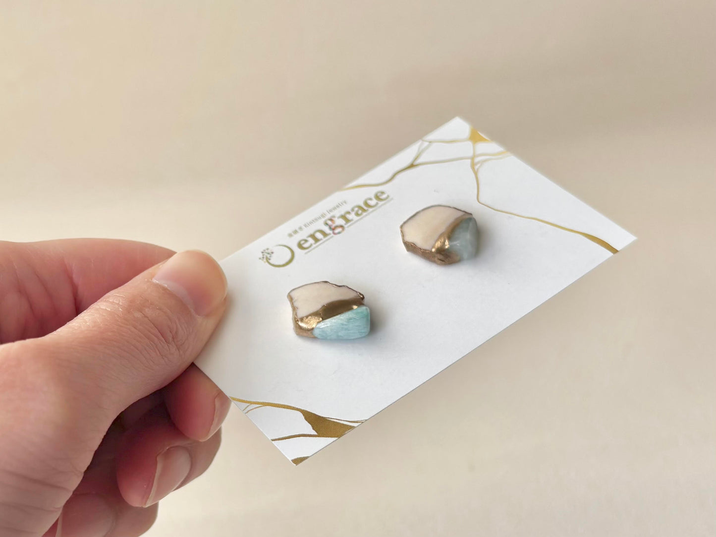 【金具が選べる】萩焼　金継ぎ　ピアス　イヤリング　白　ラリマー　天然石　伝統工芸　＃467