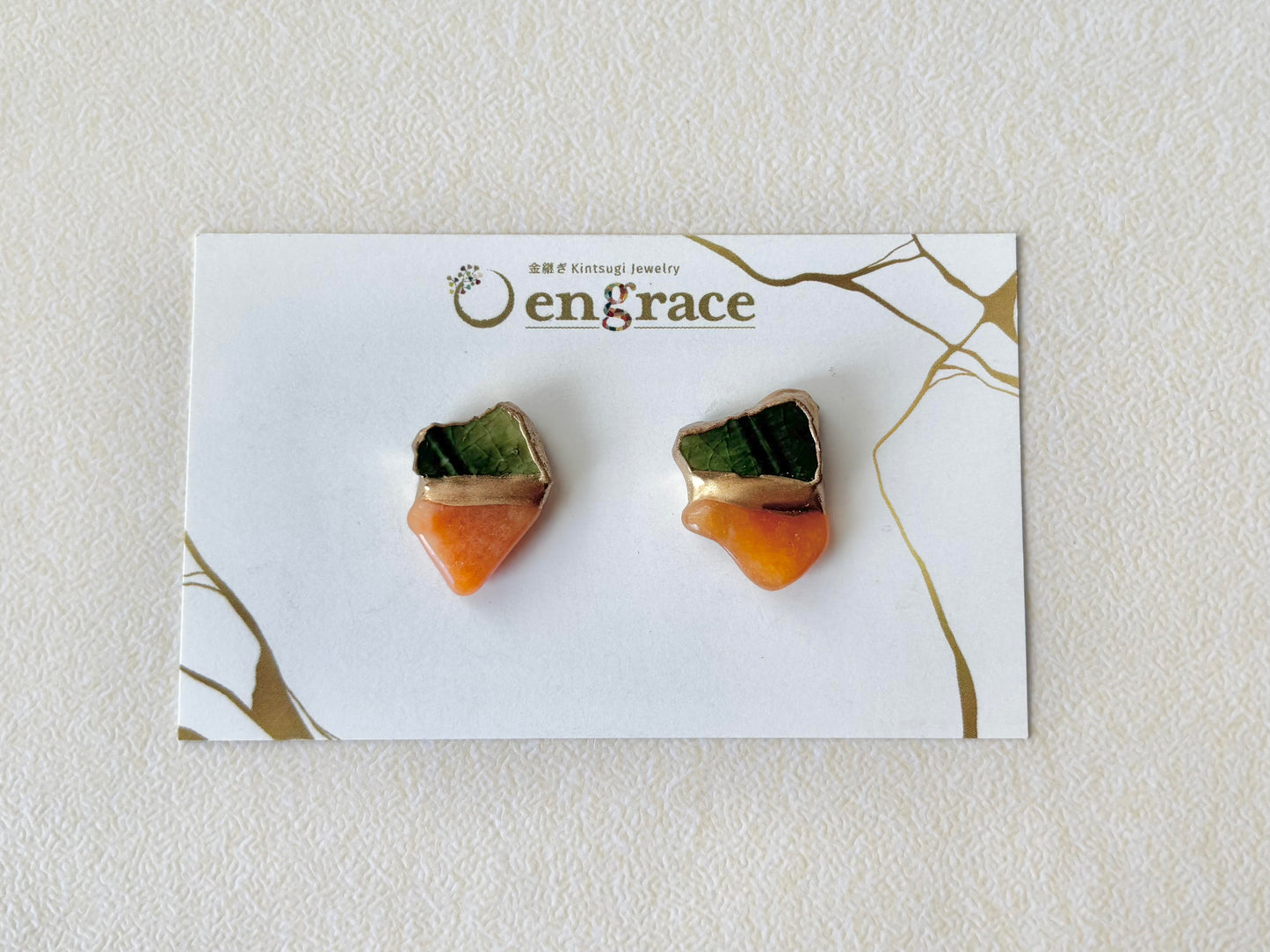 【金具が選べる】織部焼　金継ぎ　ピアス　イヤリング　緑　オレンジアベンチュリン　天然石　伝統工芸　＃468